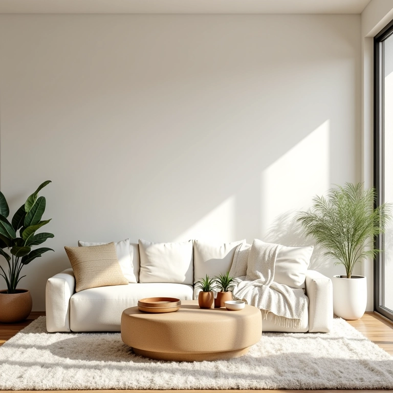 Sala de estar clean com decoração minimalista e iluminação natural, estilo Farm Rio.