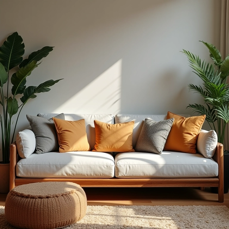 Sala de estar com almofadas decorativas vibrantes no sofá.