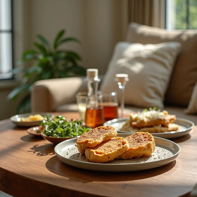 Sala de estar com composição harmoniosa de pratos na parede.