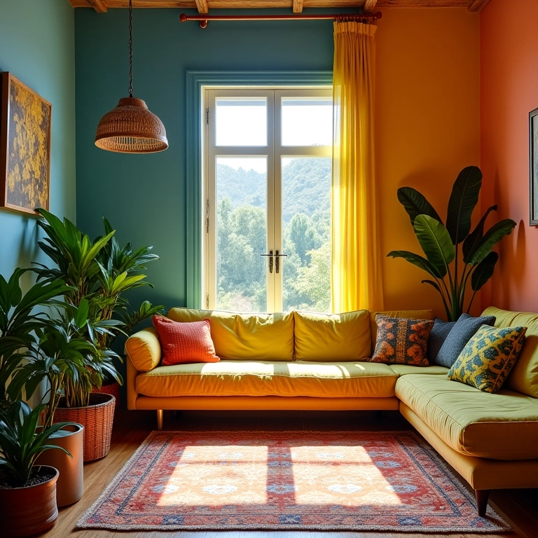 Sala de estar com cores harmoniosas em estilo brasileiro vibrante.