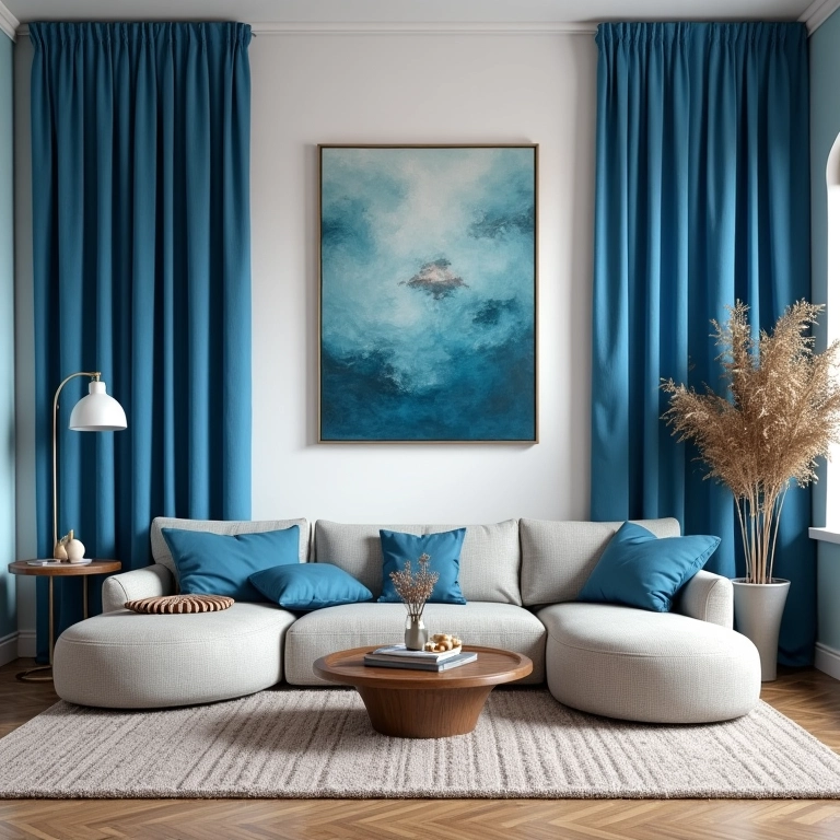 Sala de estar com cortinas azuis vibrantes combinadas com paredes neutras e arte brasileira.