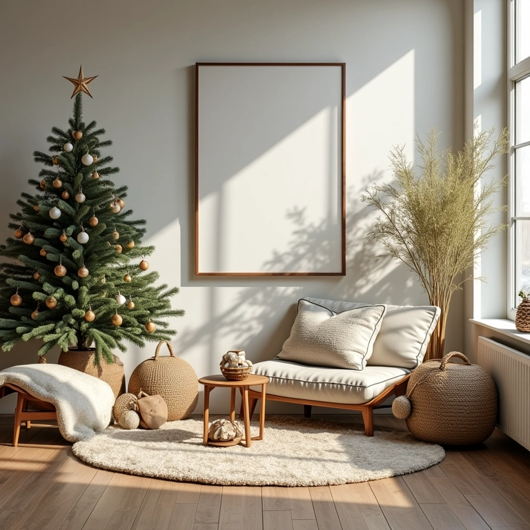 Sala de estar com decoração de Natal sustentável e materiais reciclados.