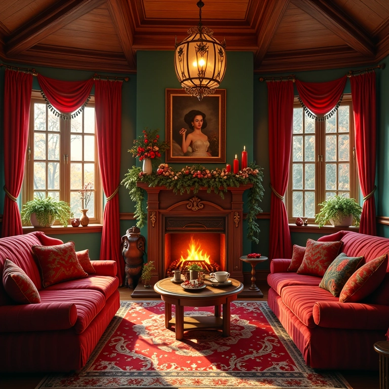 Sala de estar com decoração de Natal tradicional e cores vibrantes.