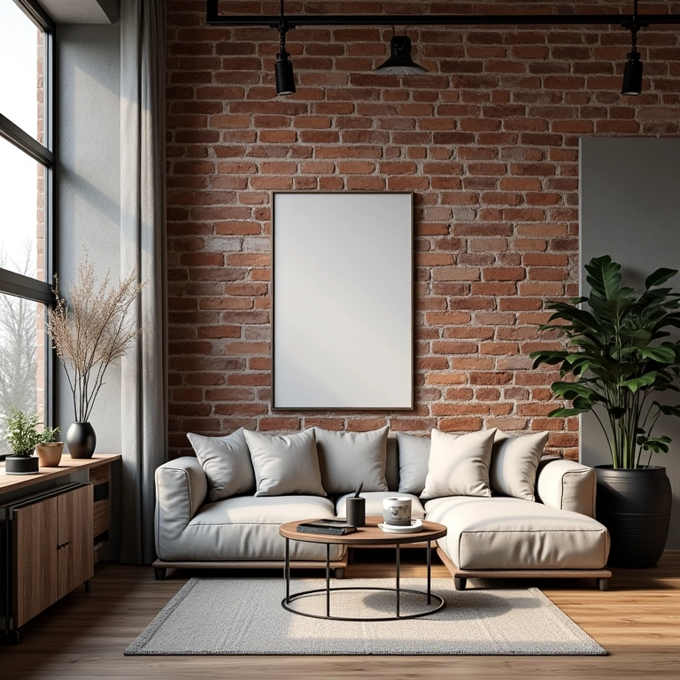 Sala de estar com decoração em estilo industrial, destacando parede de tijolos aparentes e iluminação natural.