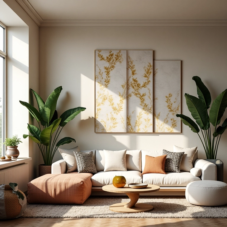 Sala de estar com diferentes estilos de papel de parede, destacando texturas e padrões.