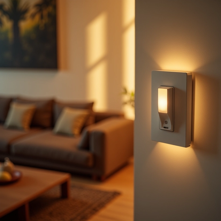 Sala de estar com dimmer ajustando a intensidade da luz para criar um ambiente acolhedor.