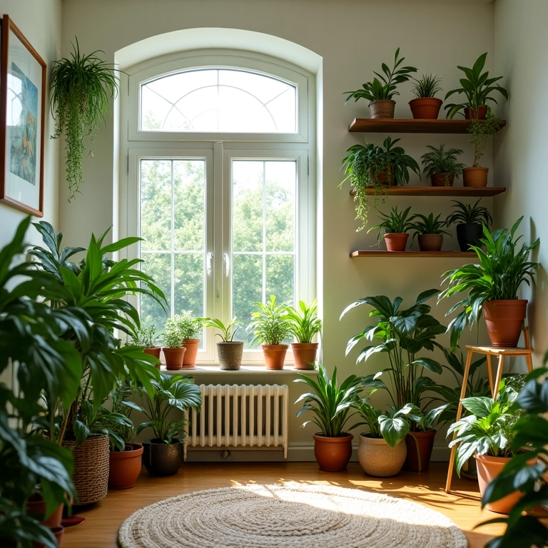 Sala de estar com diversas plantas, promovendo a conexão com a natureza.