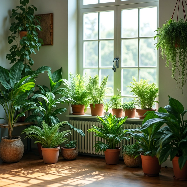 Sala de estar com diversas plantas, trazendo vida e frescor para o ambiente.