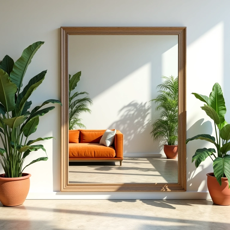 Sala de estar com espelho amplo refletindo e ampliando o espaço, com decoração vibrante em estilo brasileiro.