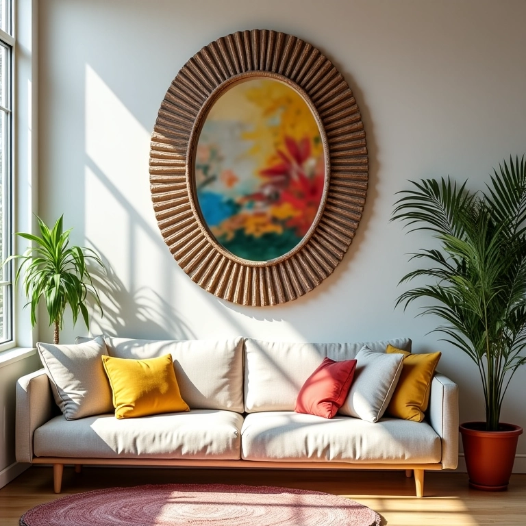 Sala de estar com espelho grande refletindo design brasileiro vibrante.