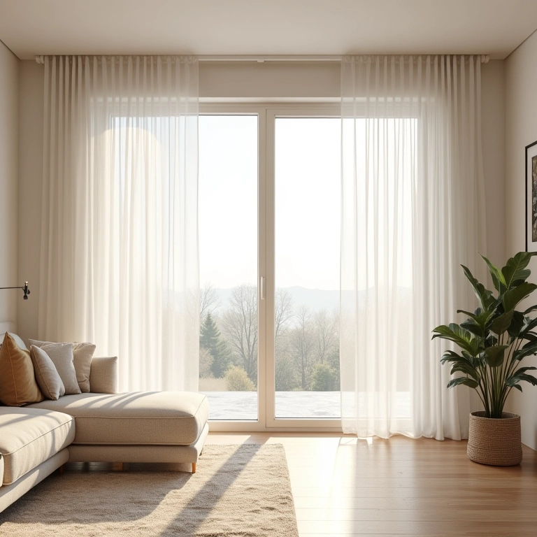 Sala de estar com grandes janelas, cortinas translúcidas e abundante luz natural.