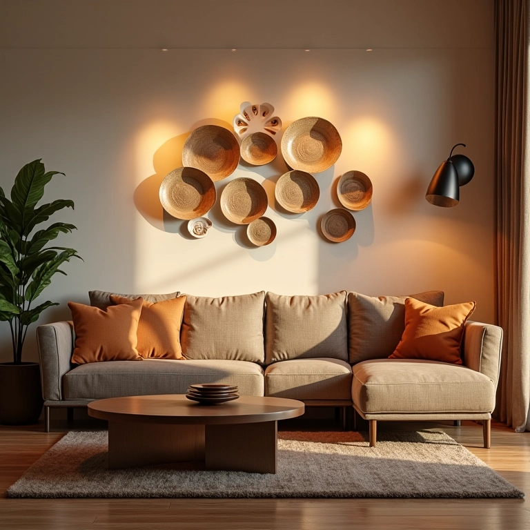 Sala de estar com iluminação estratégica destacando pratos na parede.