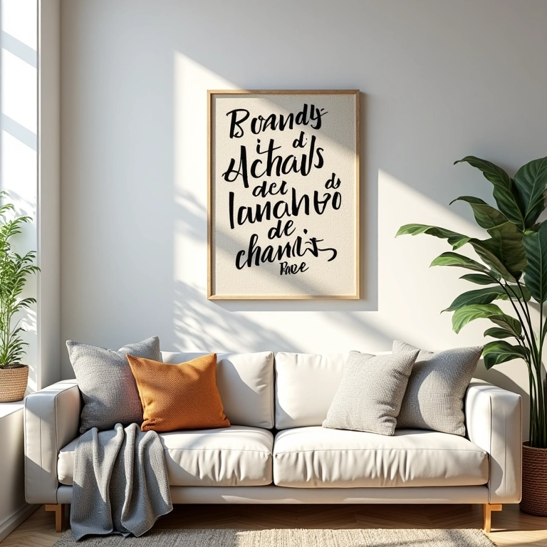 Sala de estar com lettering pintado à mão e design brasileiro autêntico.