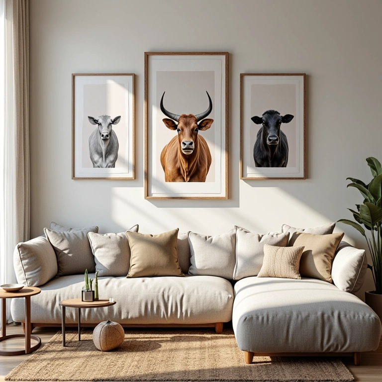 Sala de estar com obras de arte variadas, mostrando a versatilidade da decoração com quadros.