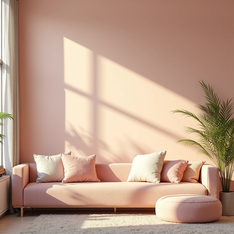 Sala de estar com papel de parede em tons pastel e iluminação natural aconchegante.