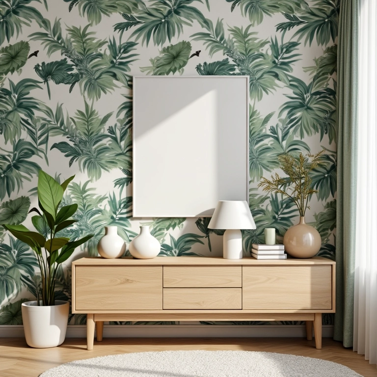 Sala de estar com papel de parede floral tropical e decoração artesanal brasileira.