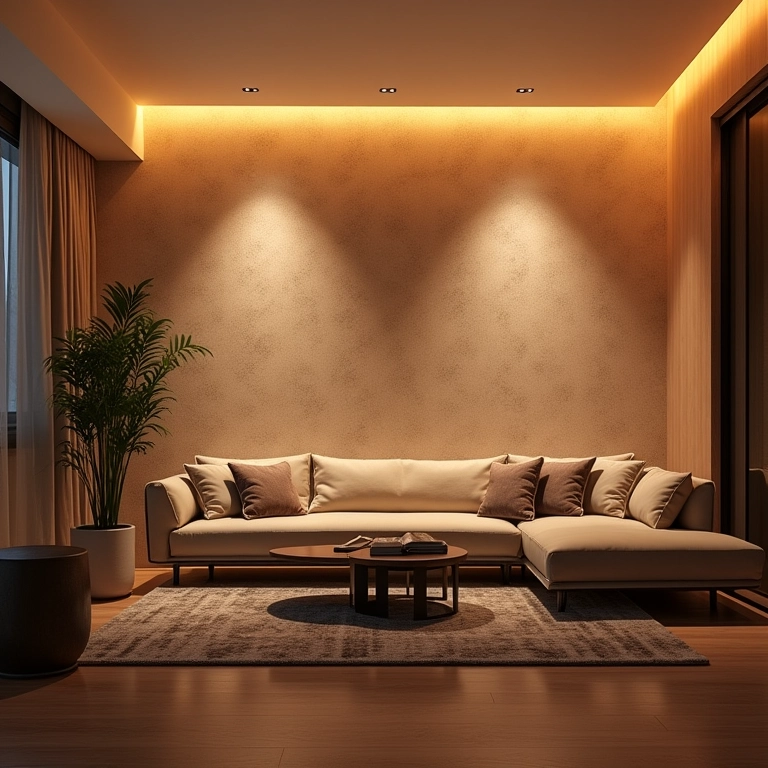 Sala de estar com papel de parede texturizado e iluminação indireta.