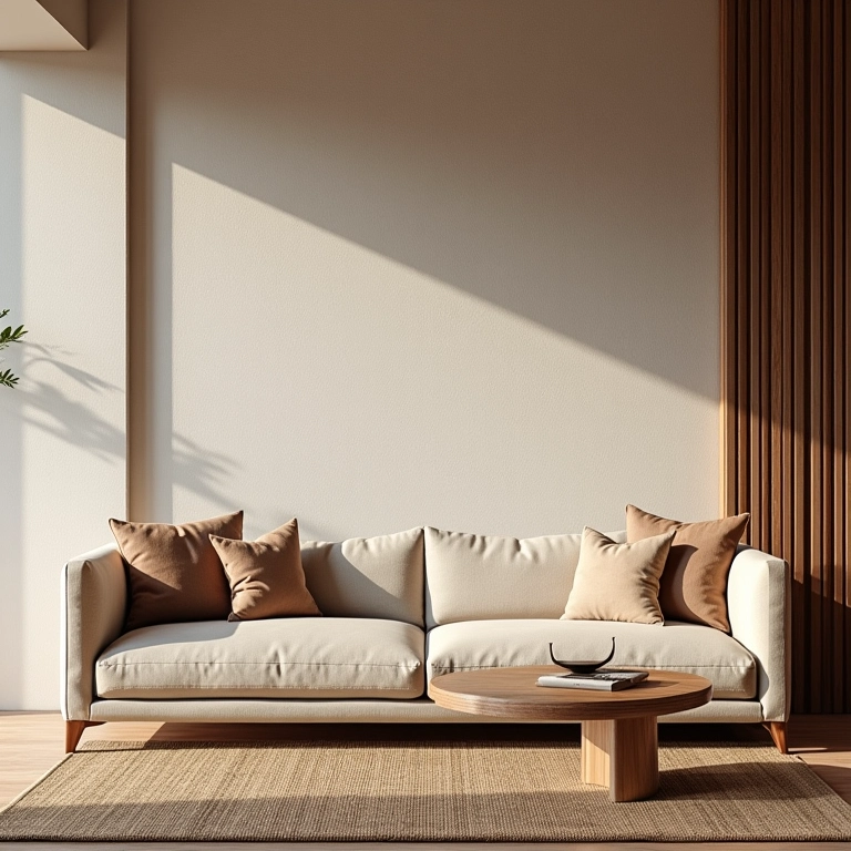 Sala de estar com parede texturizada, sofá de linho e detalhes em madeira.