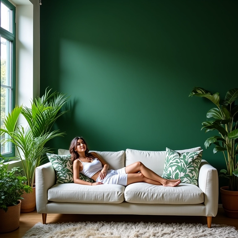 Sala de estar com paredes verdes, plantas exuberantes e mulher relaxando no sofá.