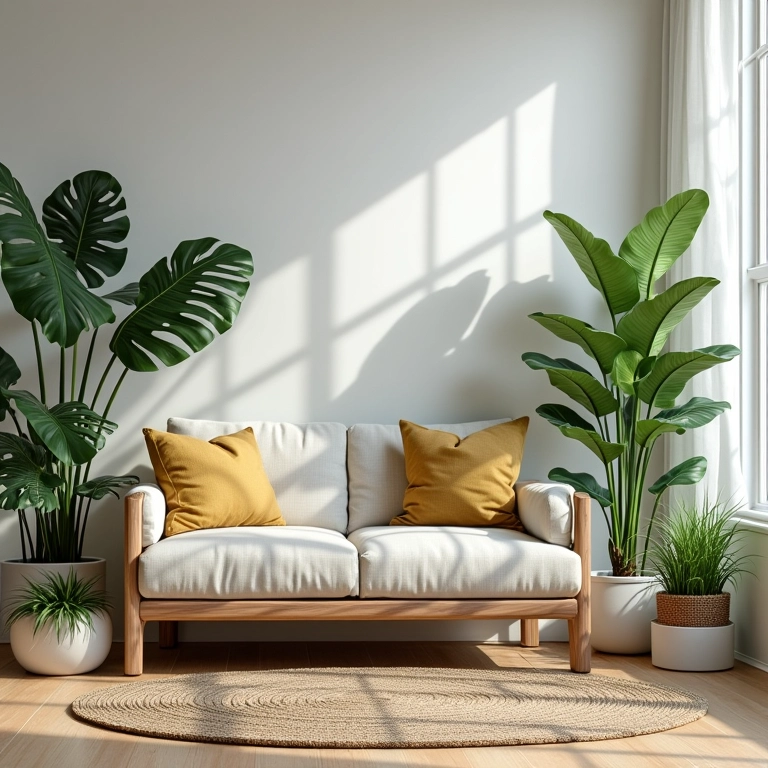 Sala de estar com plantas em vasos, incluindo monstera e espada de São Jorge.