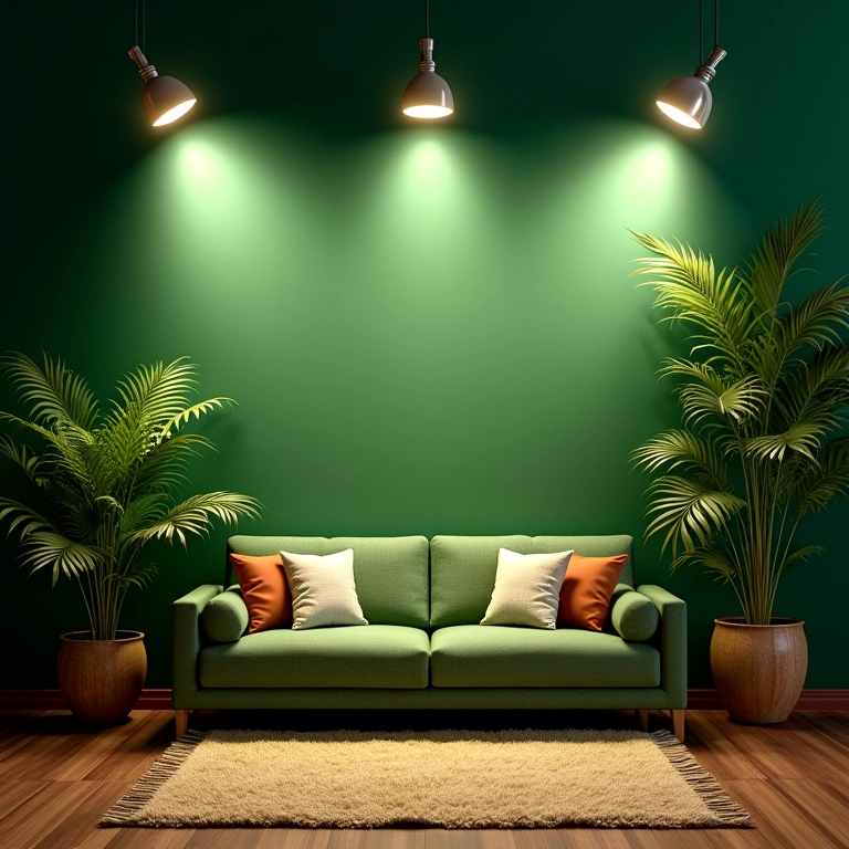 Sala de estar com plantas exuberantes iluminadas por spots de luz.