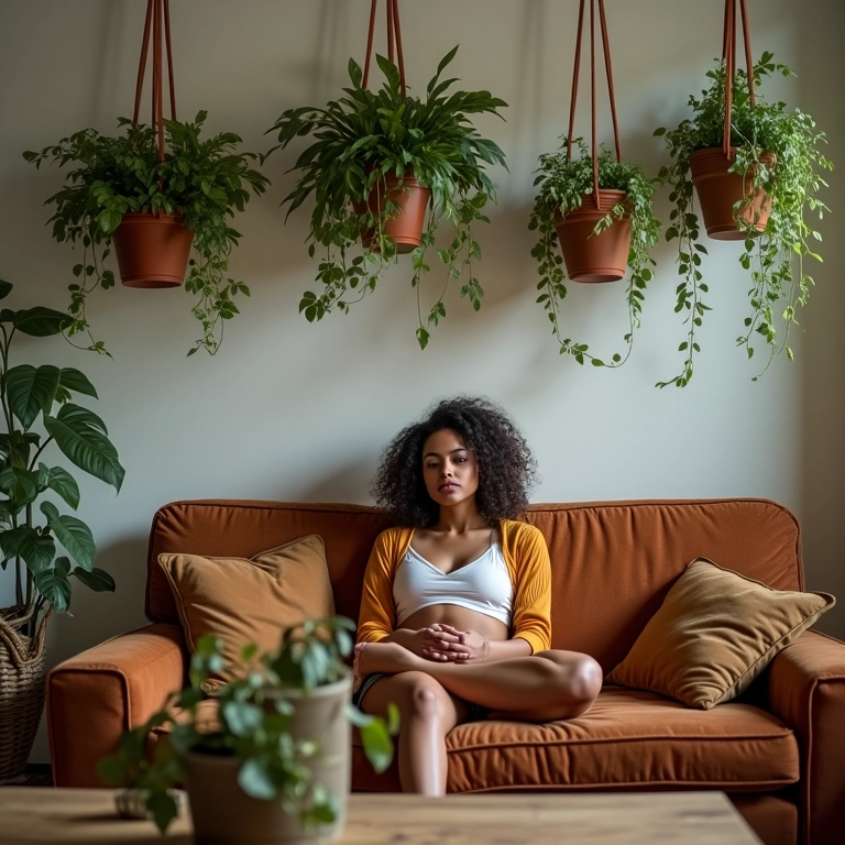 Sala de estar com plantas suspensas e uma mulher relaxando no sofá em um ambiente aconchegante.