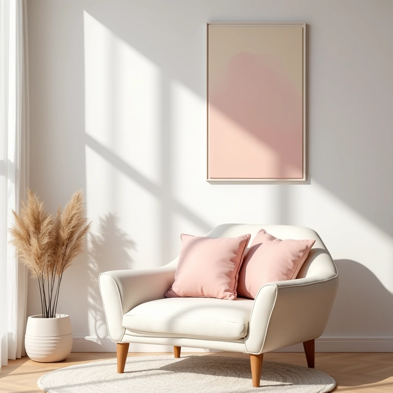 Sala de estar com poltrona marfim e almofadas rosa blush, delicada e feminina.