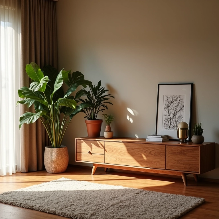 Sala de estar com rack de madeira elegante, design brasileiro e iluminação natural.