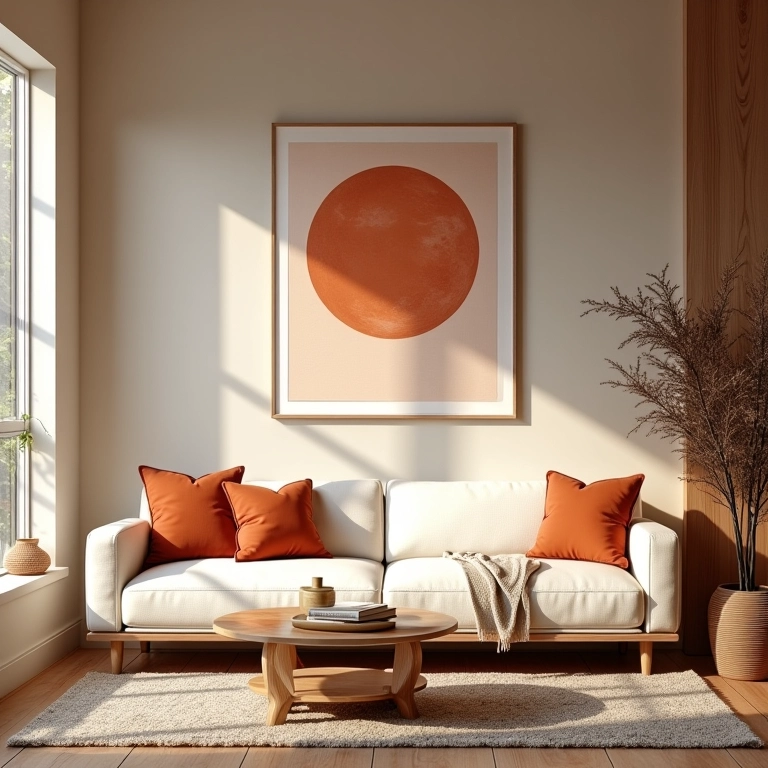 Sala de estar com sofá marfim e toques terrosos, transmitindo aconchego.