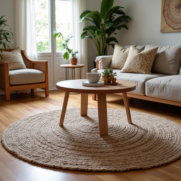 Sala de estar com tapete redondo sob a mesa de centro.