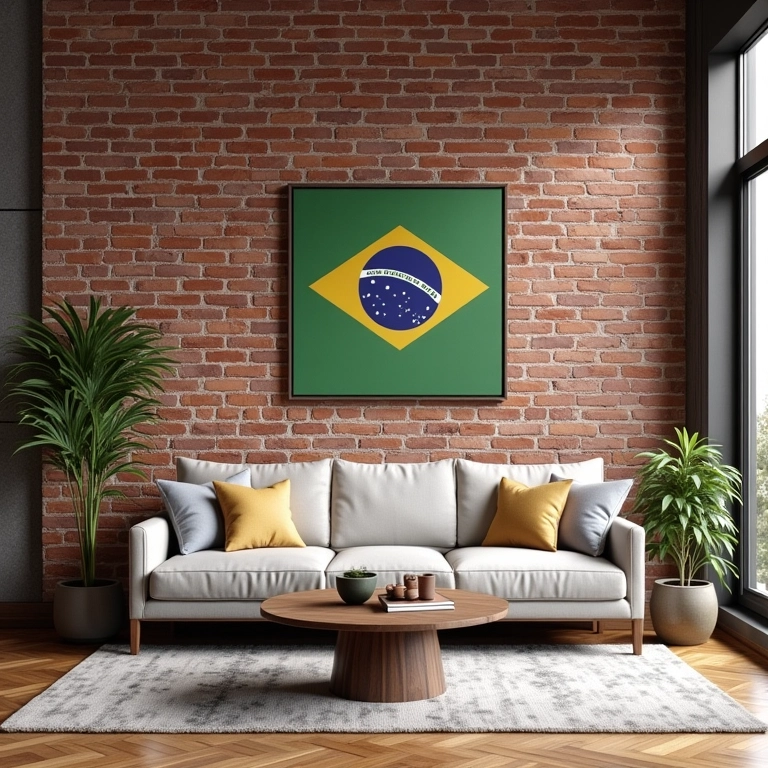 Sala de estar com tijolinho aparente, sofá confortável e obras de arte brasileiras.