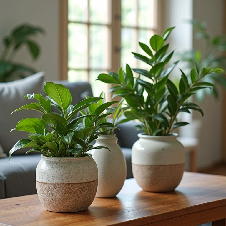 Sala de estar com vasos decorativos cheios de plantas, estilo Farm Rio.