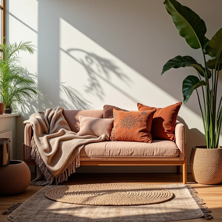 Sala de estar decorada com almofadas, mantas e tapetes boho chic.