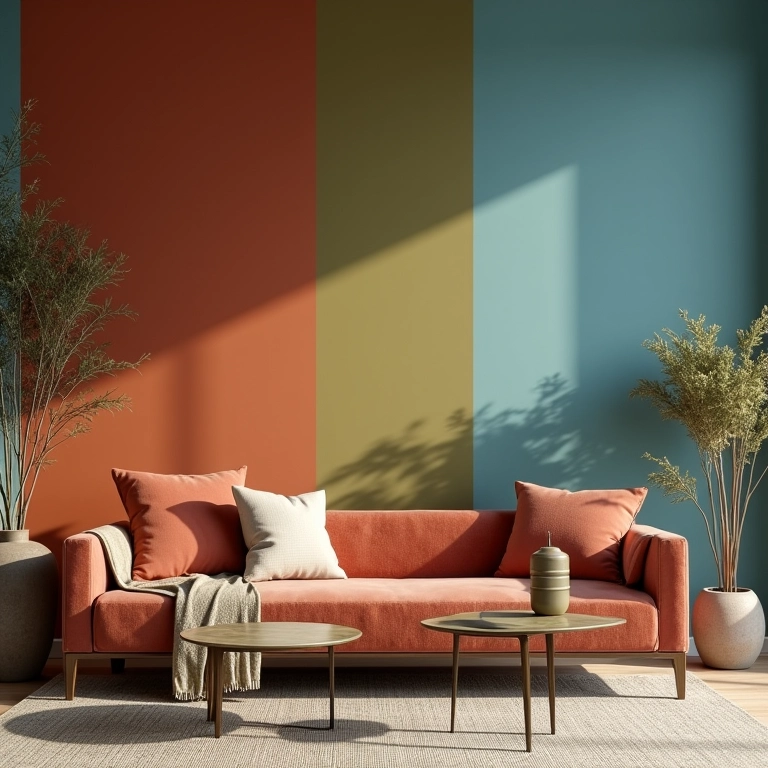 Sala de estar decorada com as cores que serão tendência em 2025.