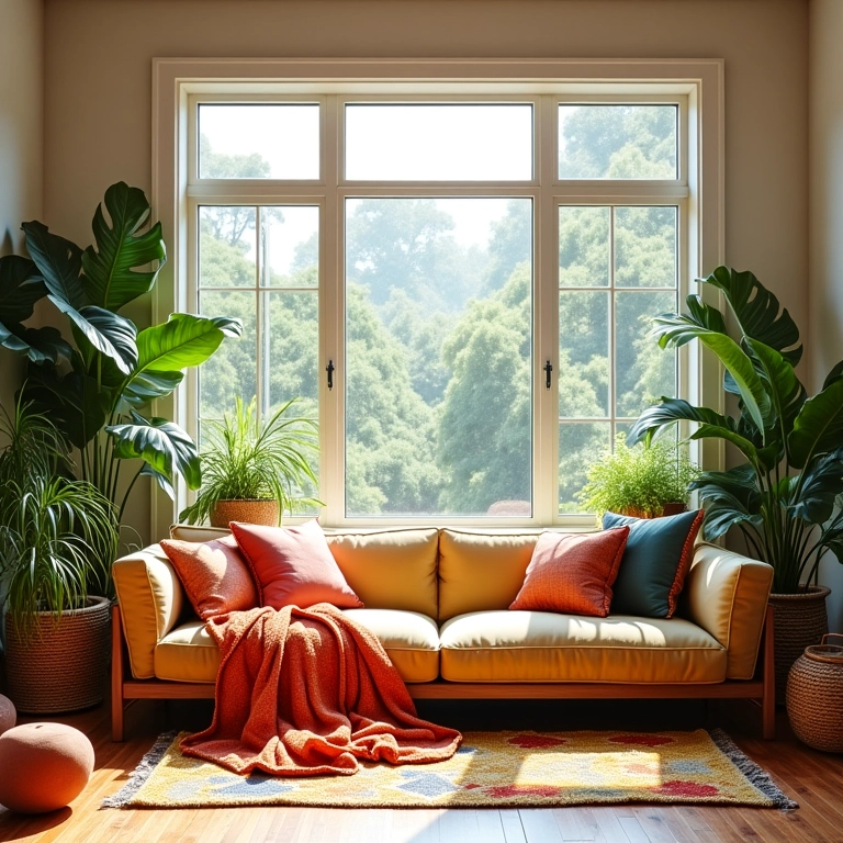 Sala de estar decorada com estilo brasileiro vibrante e acolhedor.