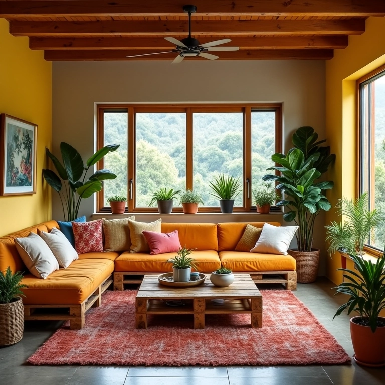 Sala de estar decorada com móveis de pallet, estilo brasileiro vibrante.