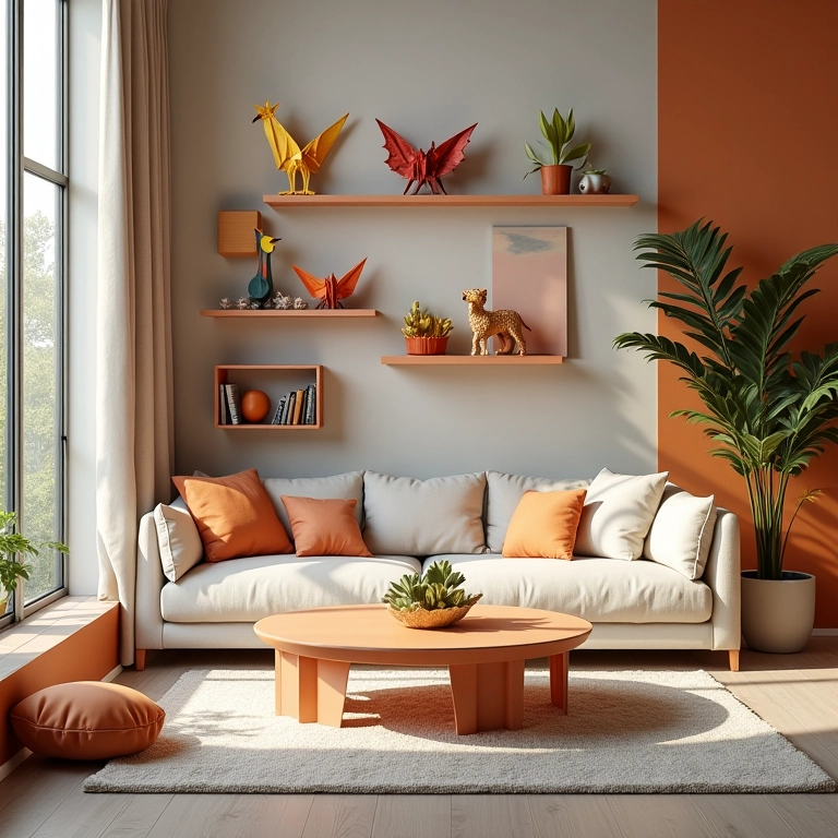 Sala de estar decorada com origamis coloridos em estilo Farm Rio, iluminação natural e foco nítido.