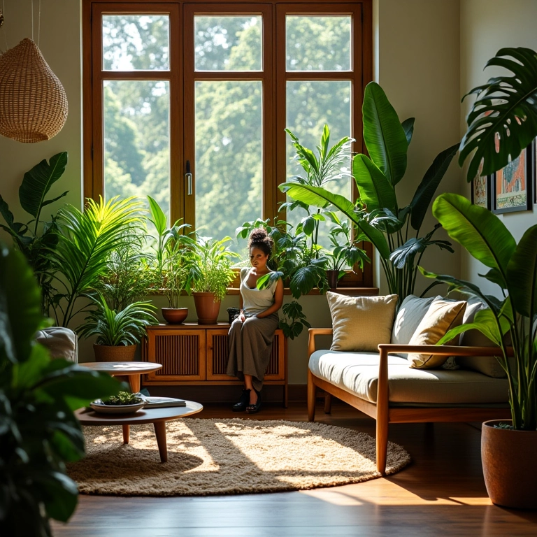 Sala de estar decorada com plantas artificiais que parecem reais, estilo Farm Rio.