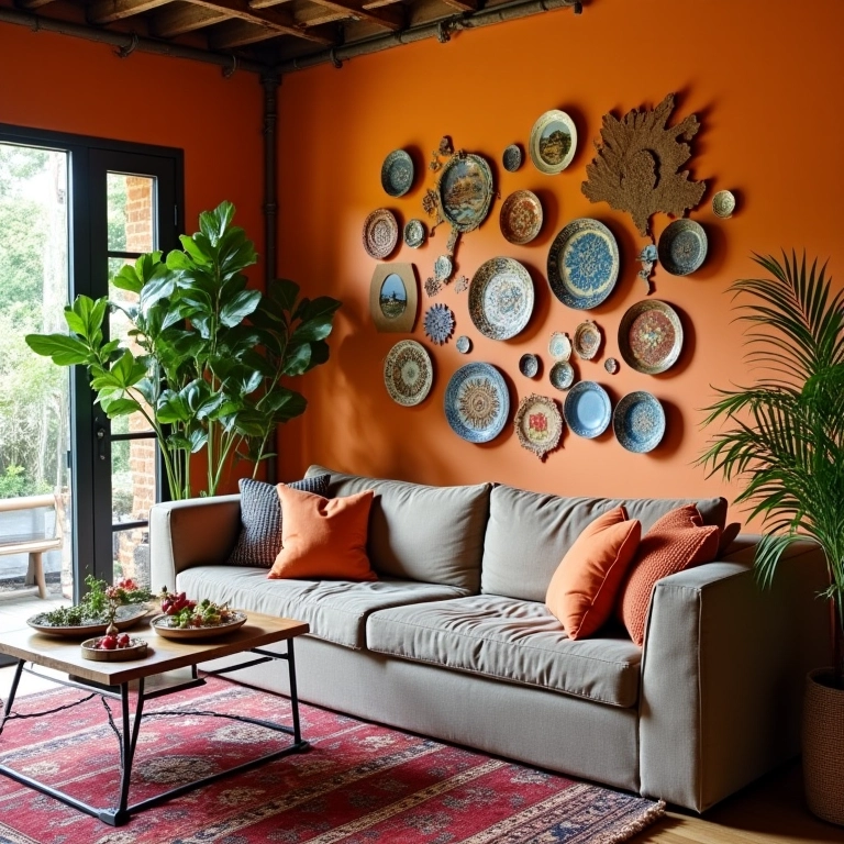 Sala de estar decorada com pratos coloridos na parede em estilo Farm Rio.