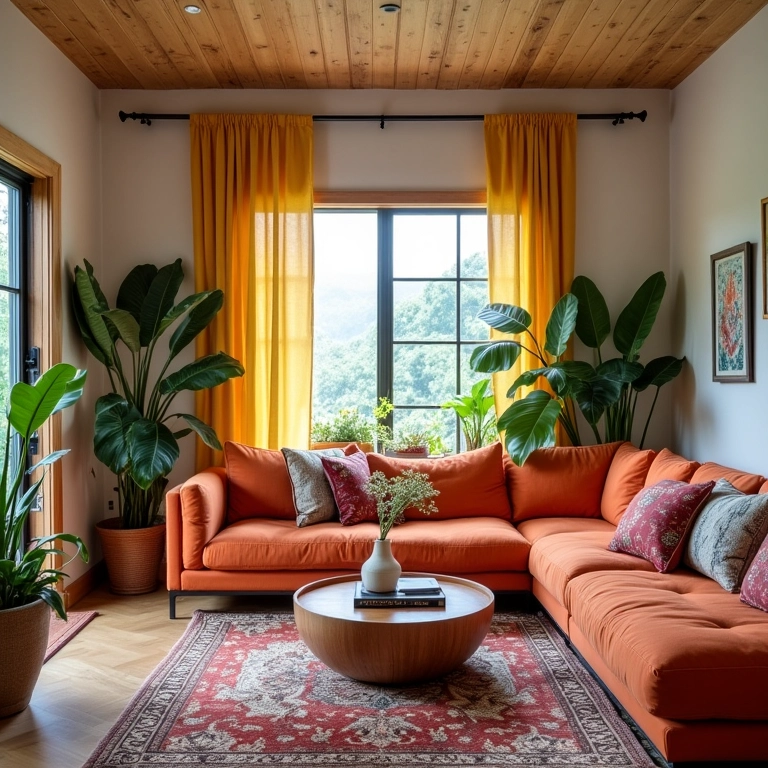 Sala de estar decorada de forma criativa e barata, estilo DIY.