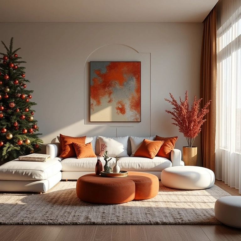 Sala de estar decorada para o Natal 2025 com as cores da moda: tons pastel, vibrantes, terrosos e metalizados.