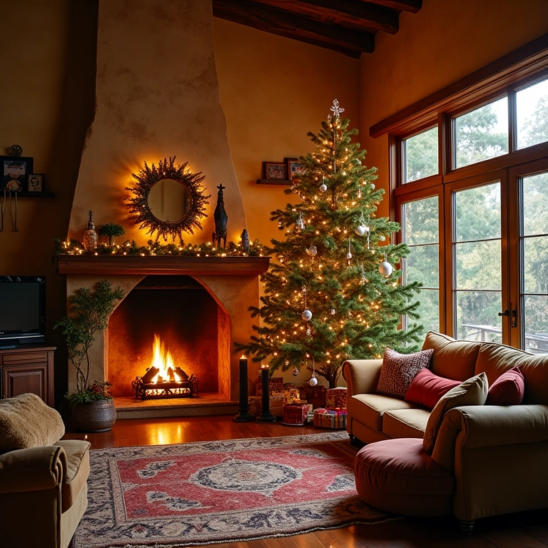 Sala de estar decorada para o Natal com árvore e iluminação aconchegante.