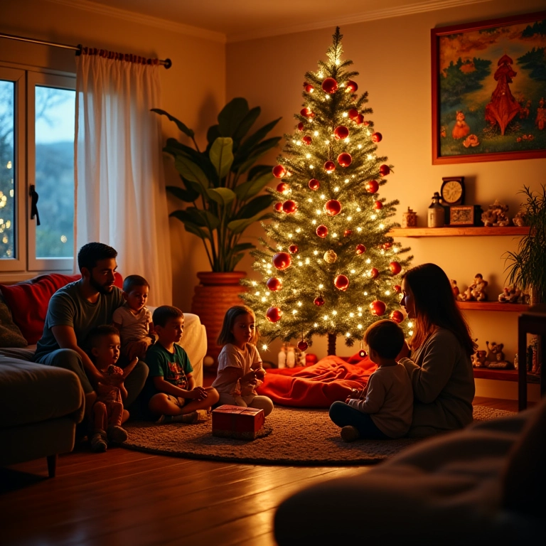 Sala de estar decorada para o Natal com cores vibrantes e família reunida.