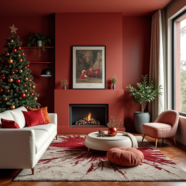 Sala de estar decorada para o Natal seguindo a regra das cores 60-30-10.