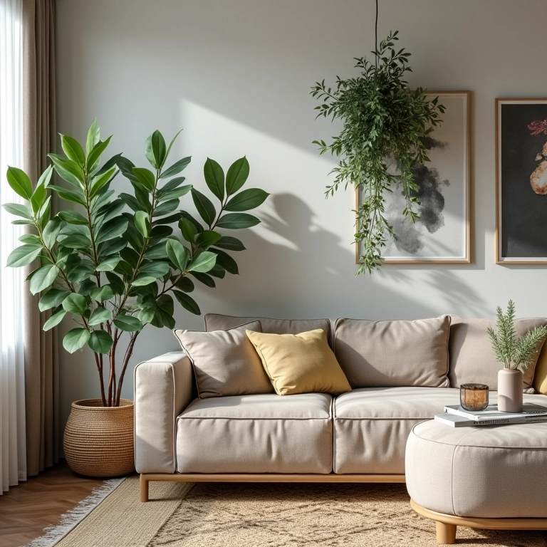 Sala de estar elegante com arranjos de eucalipto.