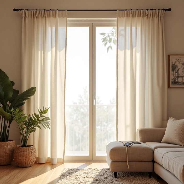 Sala de estar elegante com cortinas de linho e luz natural suave.