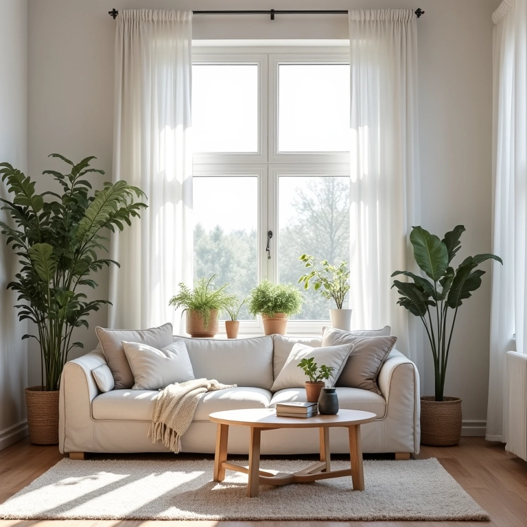 Sala de estar escandinava com design minimalista, luz natural e ambiente aconchegante.