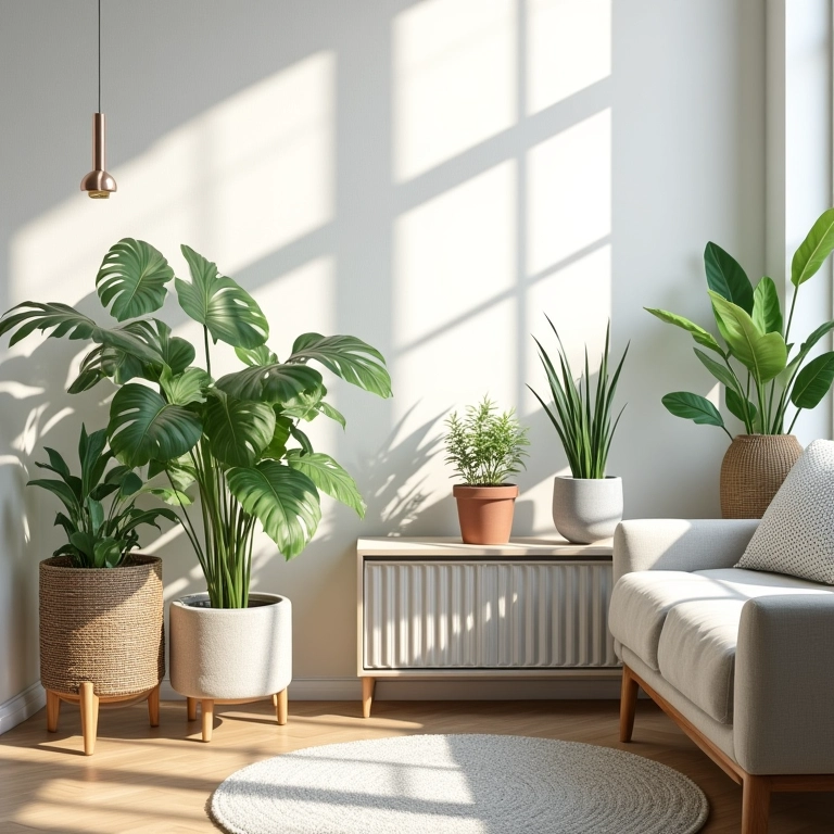 Sala de estar escandinava com plantas em vasos, luz natural e decoração minimalista.