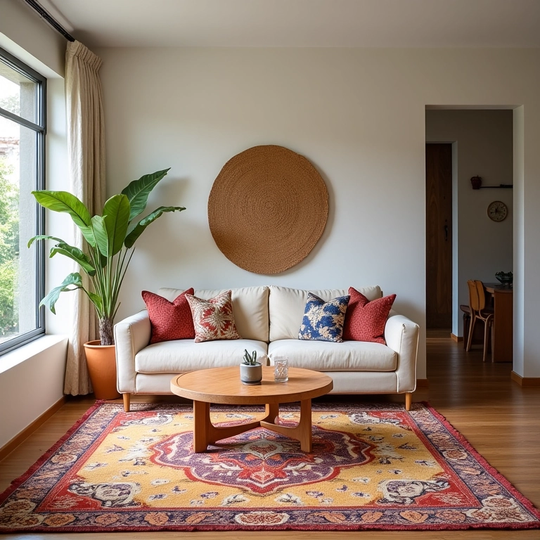 Sala de estar harmoniosa com tapete colorido e almofadas estampadas.