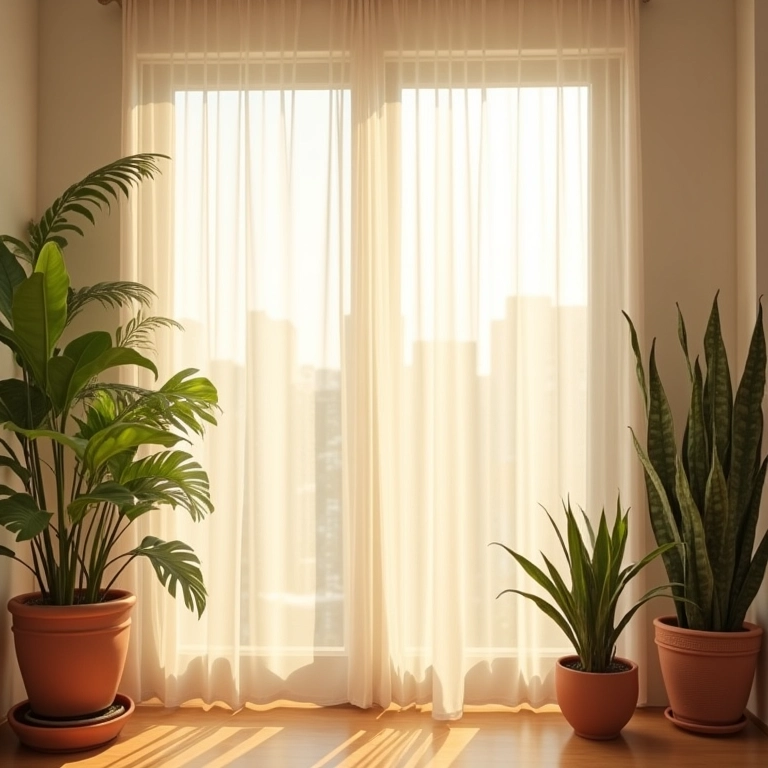 Sala de estar iluminada com cortinas brancas translúcidas controlando a luz natural.